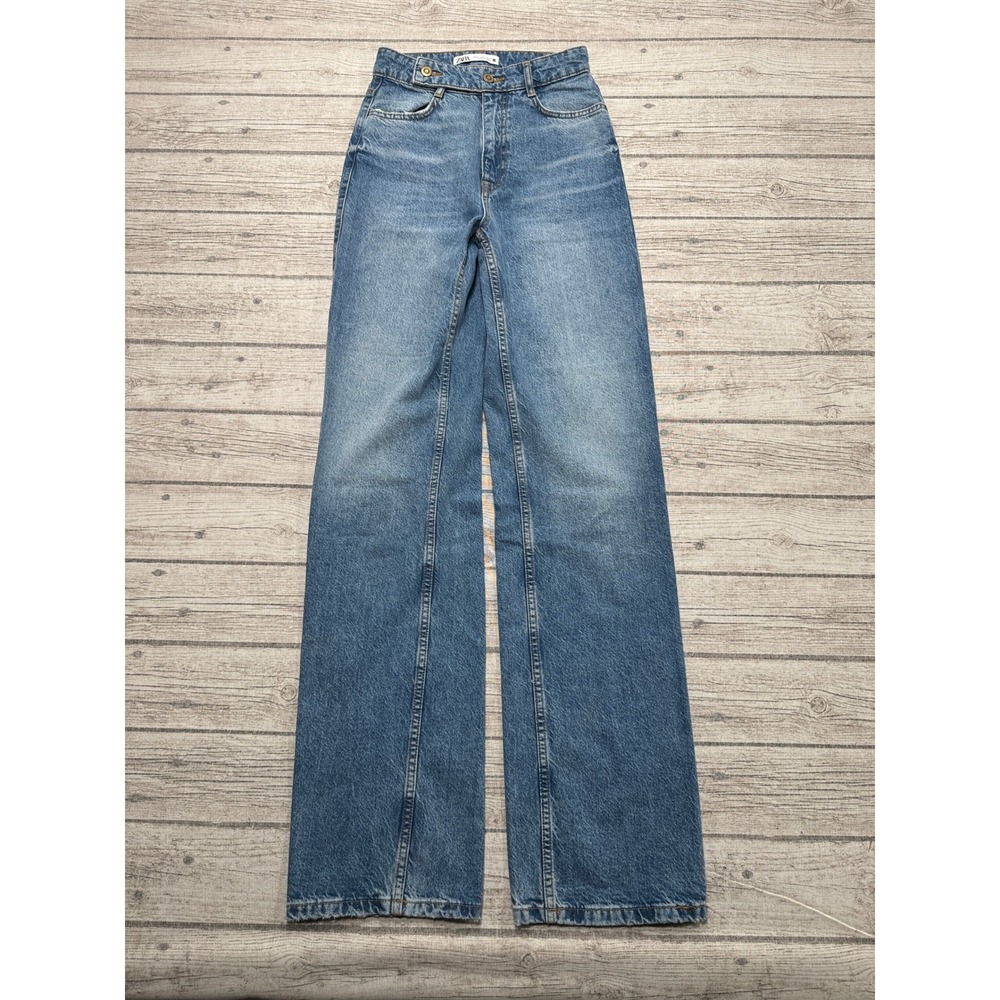 Zara Jeans Women's 2 Blue Denim Wide Leg High Rise Relaxed Fit Whiskered Cotton